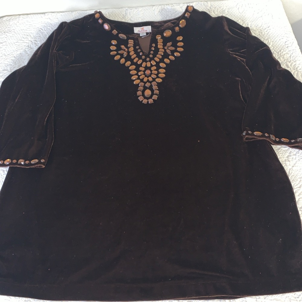 Quacker Factory Tunic Womens 1X Brown Velvet Gemstone Embellished 3/4 Sleeve Top